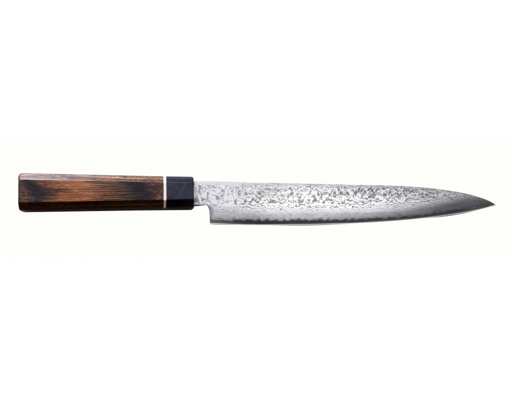 Cuchillo japonés Kashi Damasco Santoku, mango en roble lacado Urushi